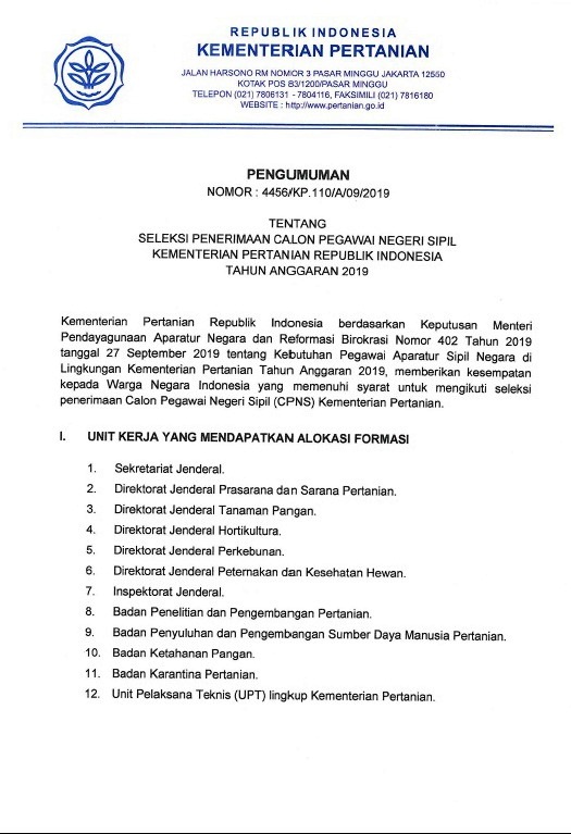 Penerimaan CPNS Tahun 2019 Di Kementerian Pertanian Indonesia-1