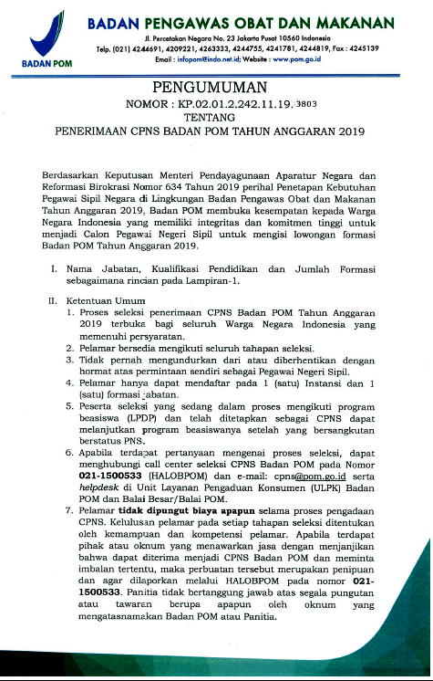 Penerimaan CPNS Tahun 2019 Di Lingkung Badan POM RI-1