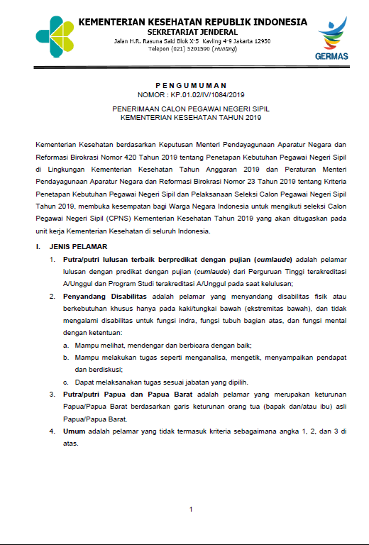 Penerimaan CPNS Tahun 2019 Di Lingkungan Kementerian Kesehatan