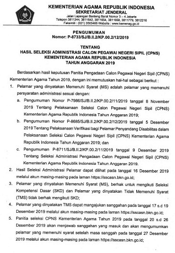 Hasil Seleksi Administrasi CPNS Tahun 2019 Di Kementerian Agama RI