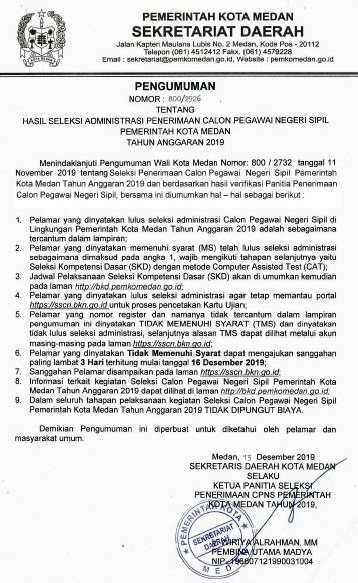 Hasil Seleksi Administrasi CPNS Tahun 2019 Di Pemerintah Kota Medan1