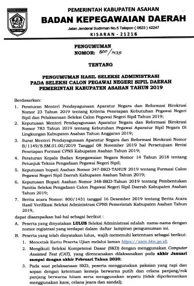 Hasil Seleksi Administrasi CPNS Tahun 2019 Di Pemkab Asahan