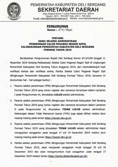 Hasil Seleksi Administrasi CPNS Tahun 2019 Di Pemkab Deli Serdang-1