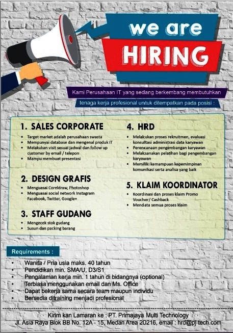 Loker Tamatan SMA SMK D3 S1 Di PT Primajaya Multi Technology Medan