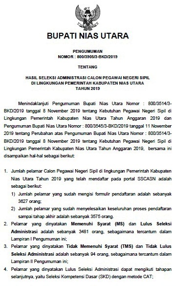 Pengumuman Hasil Administrasi CPNS Tahun 2019 Di Pemkab Nias Utara-1