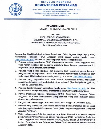 Pengumuman Hasil Seleksi Administrasi CPNS 2019 Di Kementan RI-1