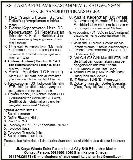 Info Lowongan Kerja D3 S1 Di RS Efarina Etaham Berastagi Januari 2021