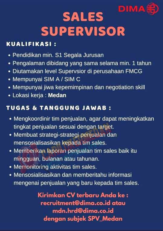 Lowongan Kerja Tamatan S1 PT Dima Indonesia Medan Januari 2021