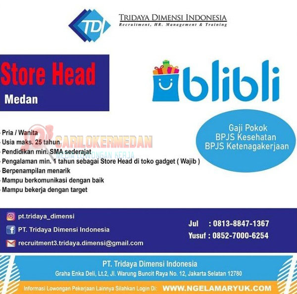 Loker SMA SMK Di PT Tridaya Dimensi Indonesia Medan Maret 2021