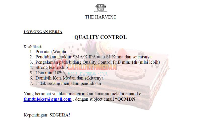 Lowongan Kerja Tamatan SMA SMK S1 Di The Harvest Medan Juli 2021