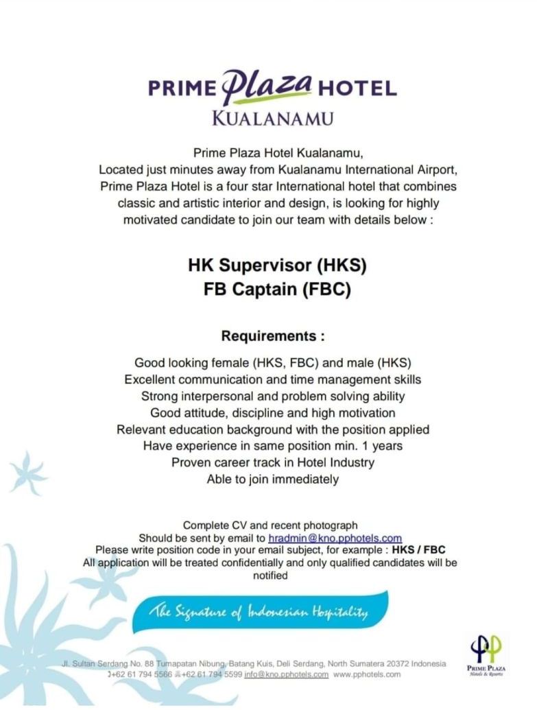 Loker Di Prime Plaza Hotel Kualanamu Deli Serdang September 2021