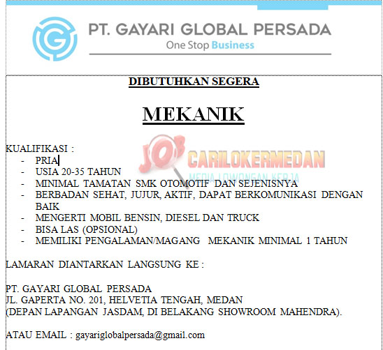 Lowongan Kerja SMK STM Di PT Gayari Global Persada Medan