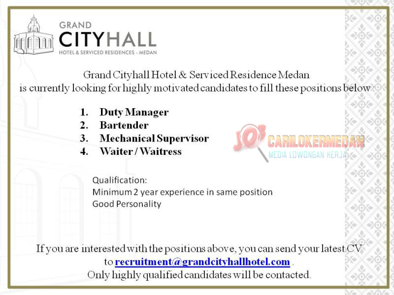 Loker Di City Hall Hotel & Serviced Residences Medan Oktober 2021