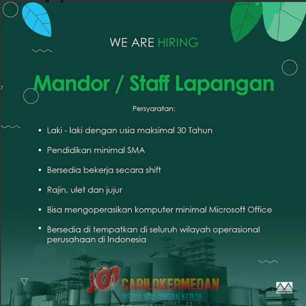 Loker Tamatan SMA SMK Di PT Musim Mas Medan Desember 2021