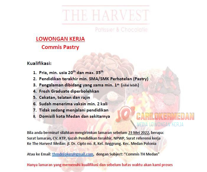 Lowongan Kerja Tamatan SMA SMK Di The Harvest Medan Mei 2022 1