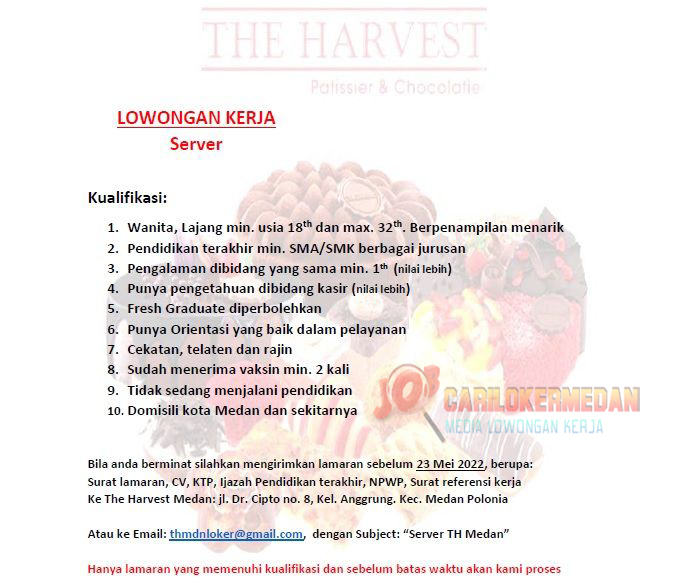 Lowongan Kerja Tamatan SMA SMK Di The Harvest Medan Mei 2022 2