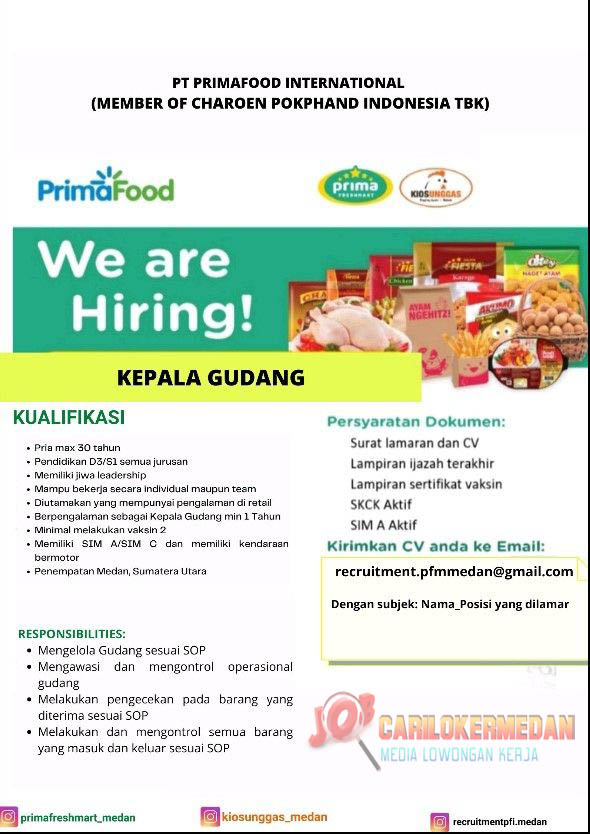 Loker SMA SMK D3 S1 Di PT Primafood International Medan 1