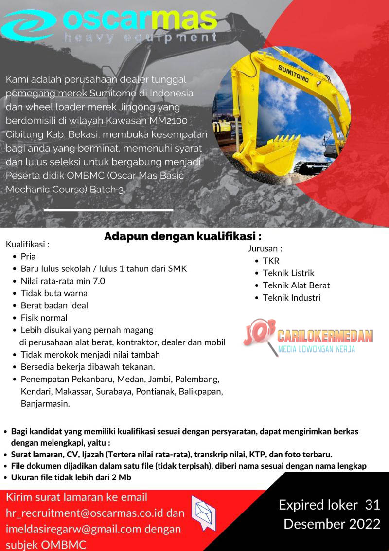 Loker SMK STM Di PT Oscar Mas Medan September 2022