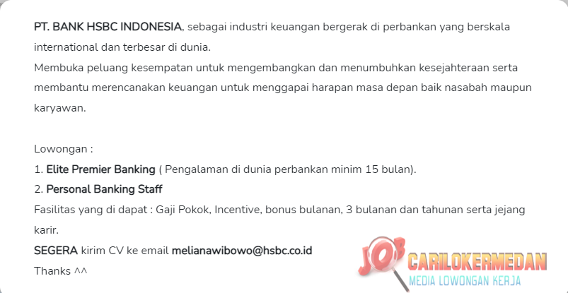 Loker S1 Di PT Bank HSBC Indonesia Medan Oktober 2022 1