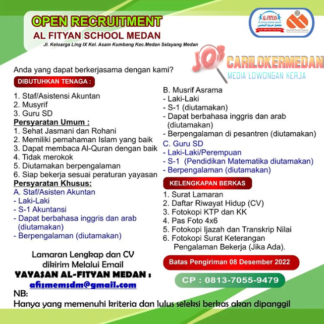 Loker Tamatan S1 Di Al-Fityan School Medan Desember 2022