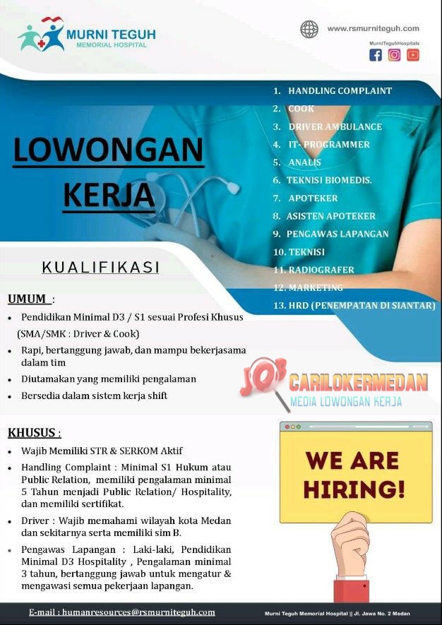 Loker SMA SMK D3 S1 Di Murni Teguh Memorial Hospital Medan