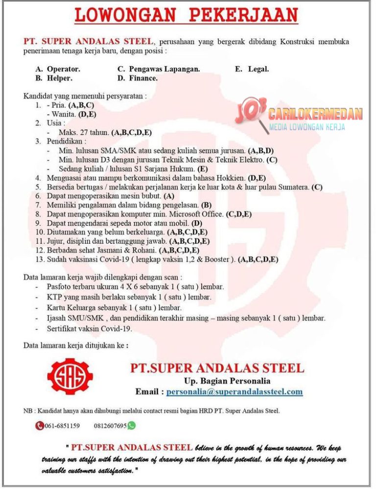 Loker Sma Smk D S Di Pt Super Andalas Steel Medan