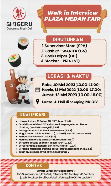 Loker SMA SMK Di Shigeru Japanese Fresh Deli Medan Mei 2023