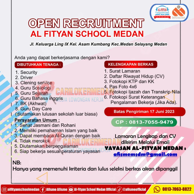 Lowongan Kerja Di Al Fityan School Medan Juni 2023