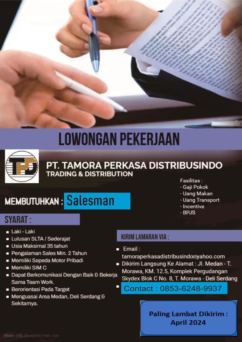 Loker SLTA Di PT Tamora Perkasa Distribusindo Medan April 2024