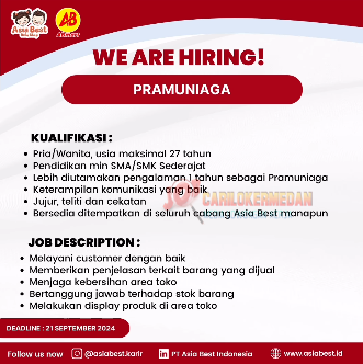 Loker Tamatan SMA SMK Di PT Asia Best Indonesia Medan 2024 2