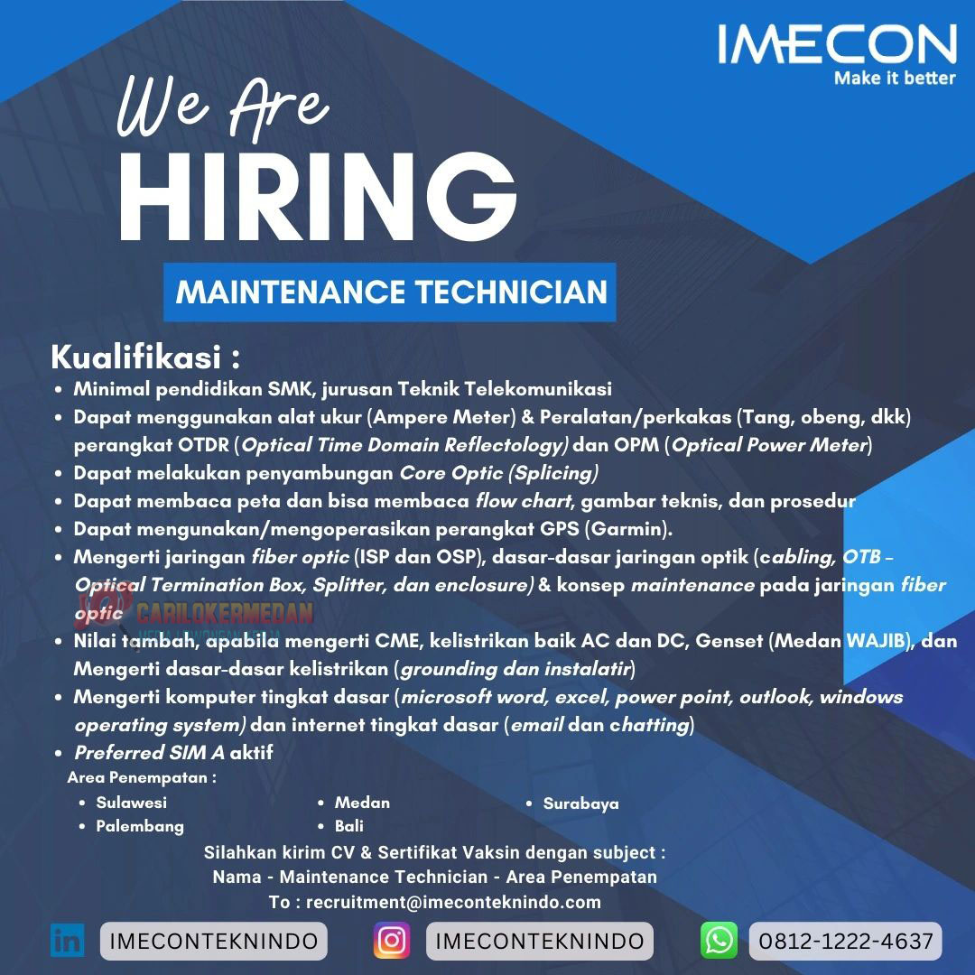 Loker SMK Di PT Imecon Teknindo Medan November 2024