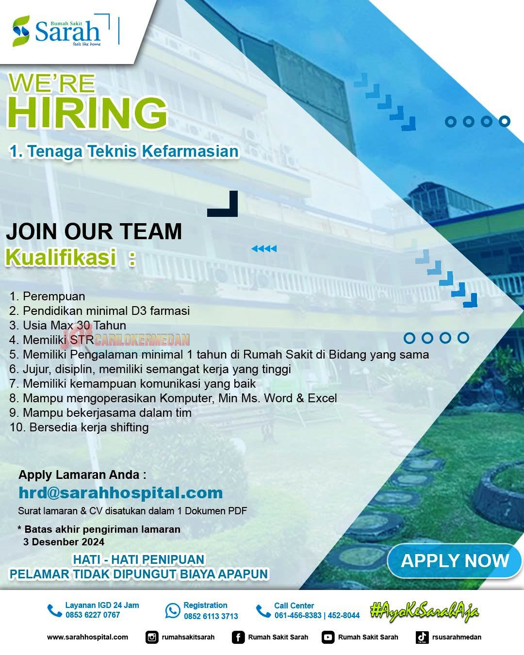 Loker Tamatan D3 S1 Di RSU Sarah Medan November 2024