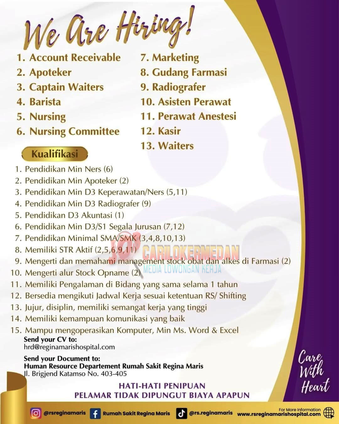 Loker SMA SMK D3 S1 Di RS Regina Maris Medan Januari 2025