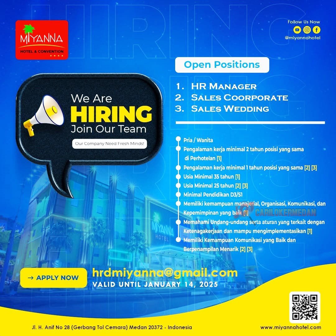 Loker D3 S1 Di Miyana Hotel & Convention Medan Januari 2025