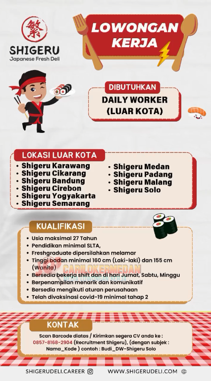 Loker SMA SMK Di Shigeru Japanese Fresh Deli Medan 2025