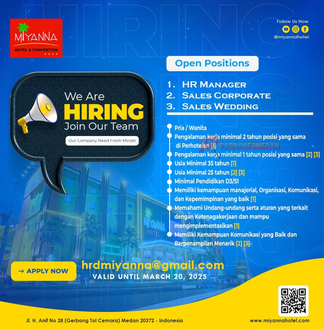 Loker D3 S1 Di Miyana Hotel & Convention Medan Maret 2025