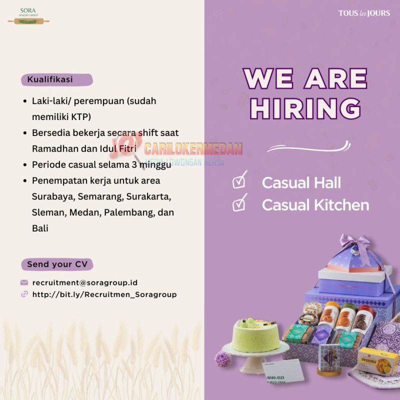 Lowongan Kerja Di PT Sora Bakery Group Medan Maret 2025