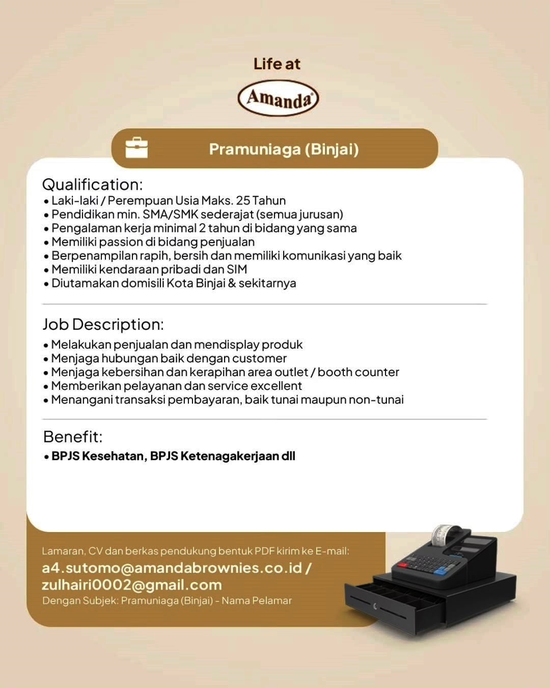 Loker SMA SMK Di Amanda Brownies Binjai Agustus 2025