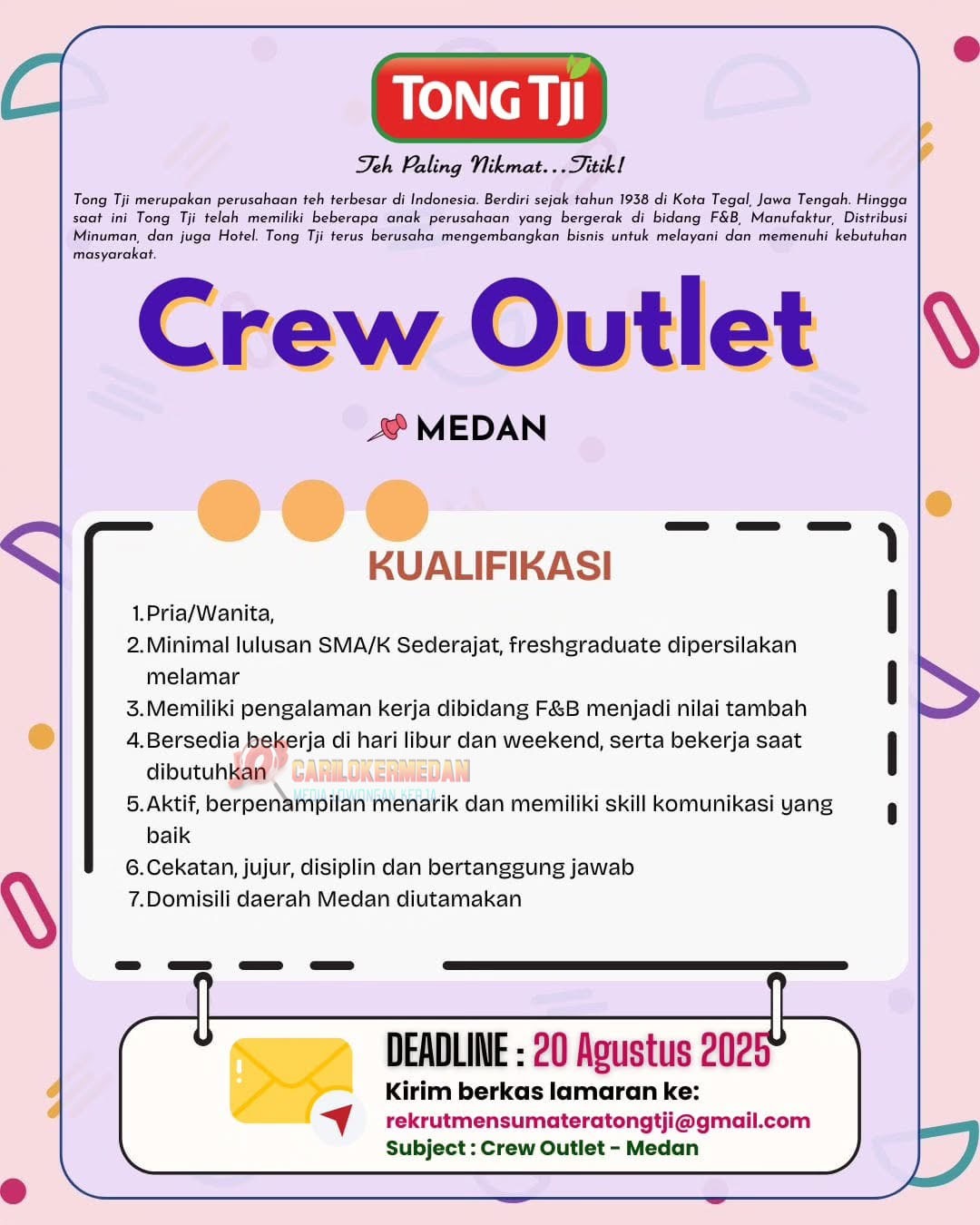 Loker SMA SMK Di PT Cahaya Tirta Rasa Medan Agustus 2025