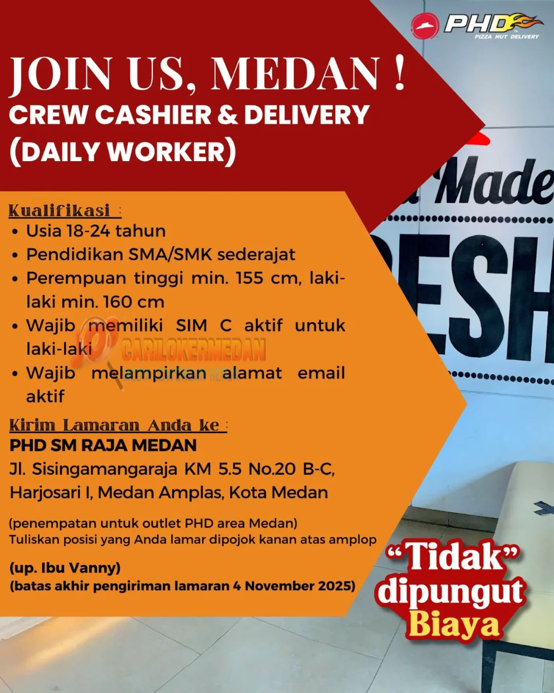 Loker SMA SMK Di Pizza Hut Delivery PHD Medan Oktober 2025