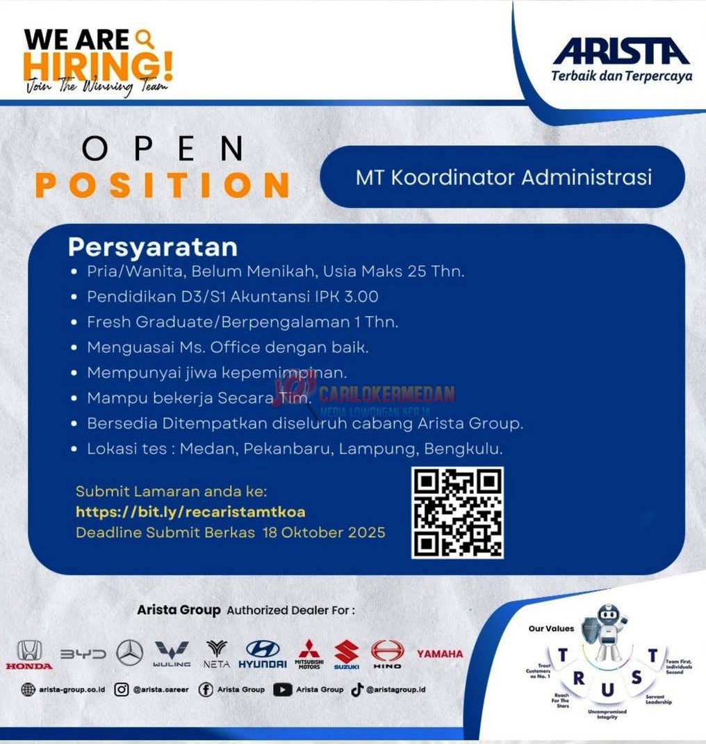 Lowongan Kerja D3 S1 Di Arista Group Medan Oktober 2025
