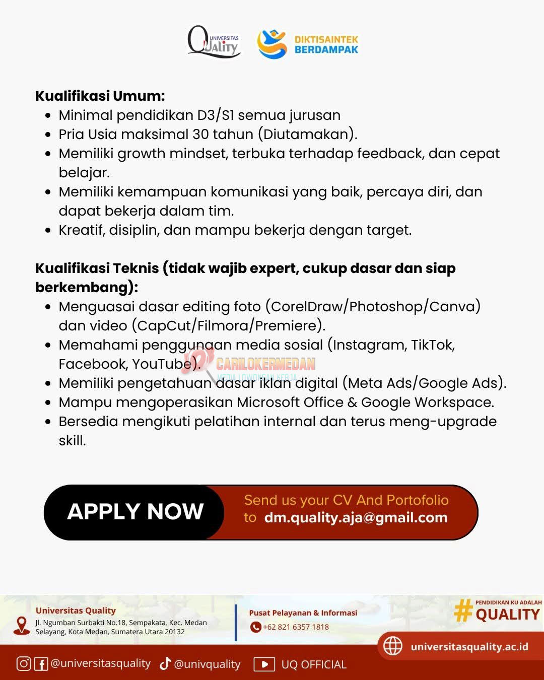 Loker D3 S1 Di Universitas Quality Medan November 2025 2