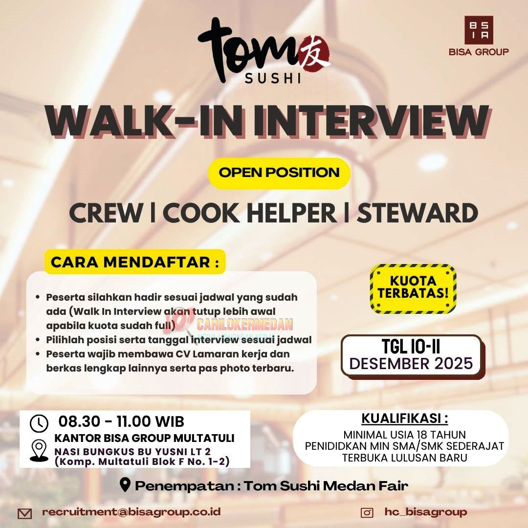 Lowongan Kerja Di Tom Sushi Plaza Medan Fair Desember 2025