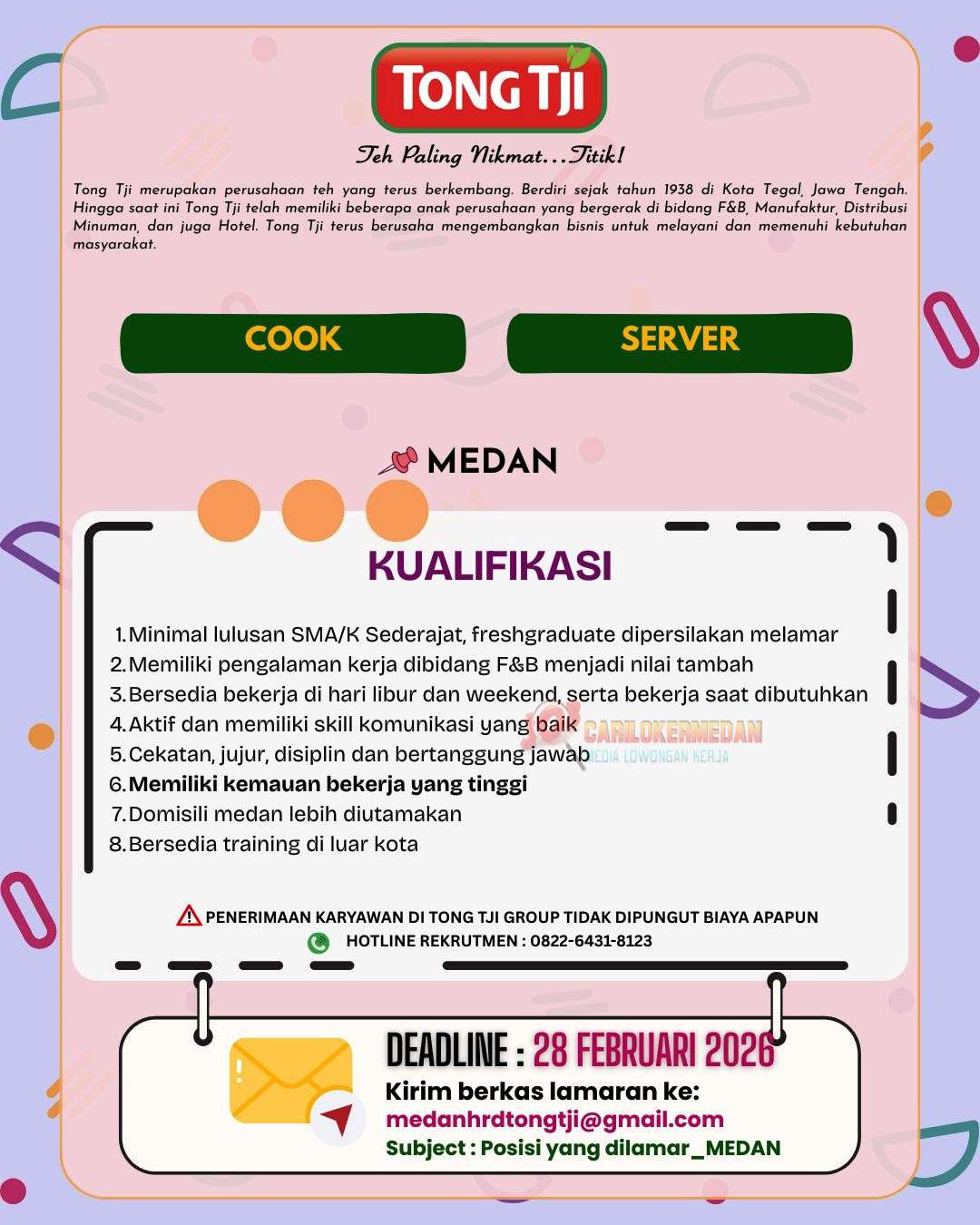 Lowongan Kerja SMA SMK Di Tong Tji Group Medan Januari 2025