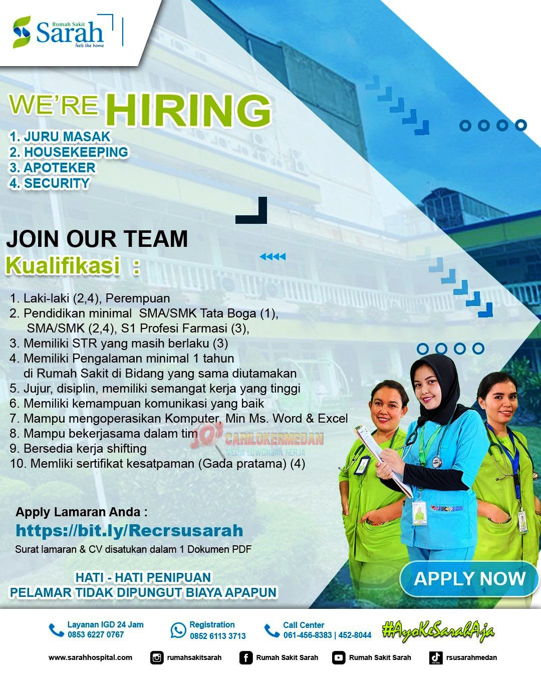 Lowongan Kerja SMA SMK S1 Di RSU Sarah Medan Januari 2026