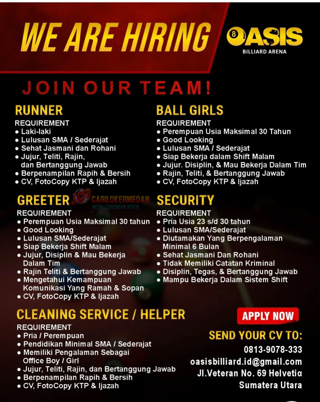 Loker Tamatan SMA SMK Di Oasis Billiard Arena Medan April 2026