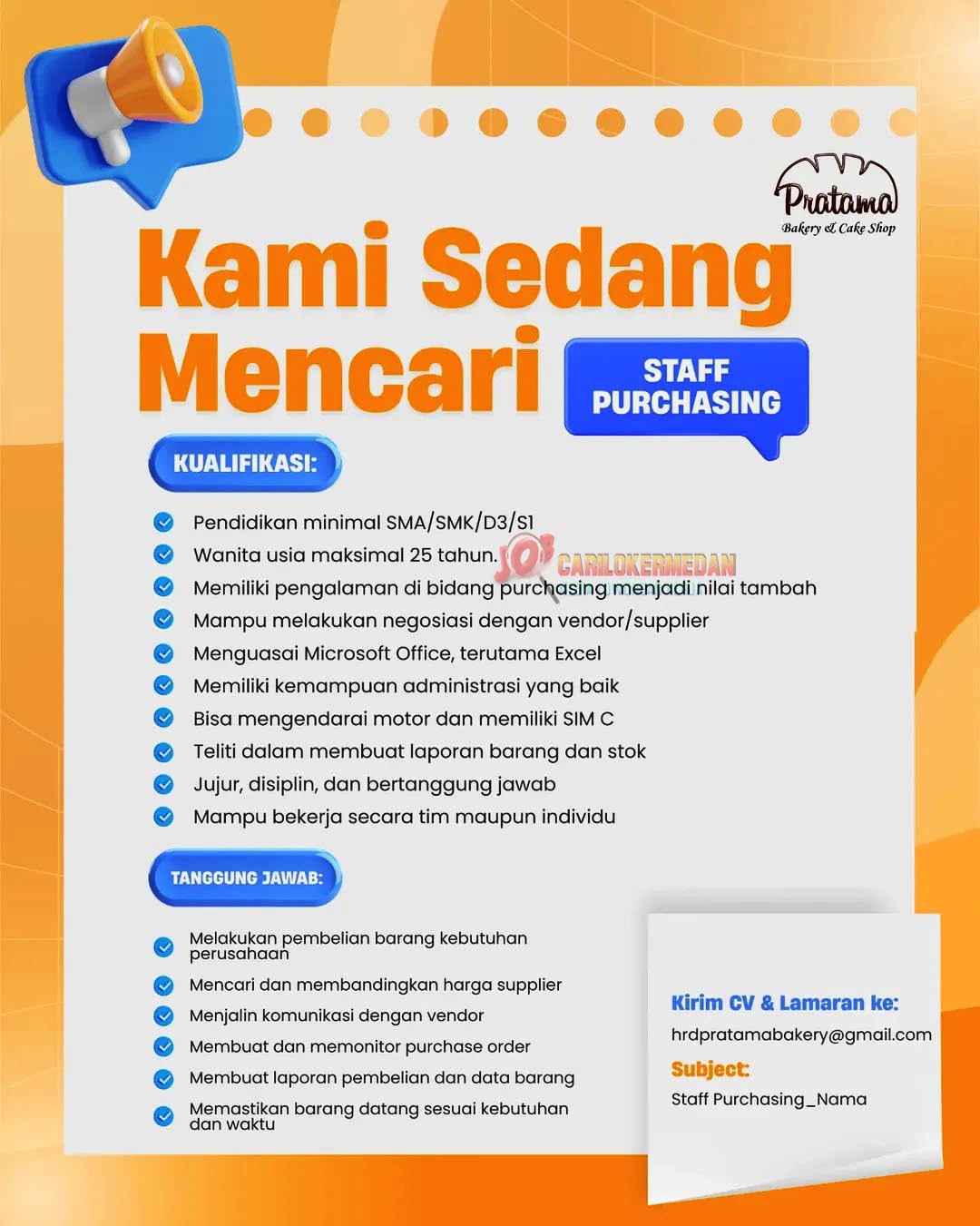 Loker SMA SMK D3 S1 Di Pratama Bakery Siantar Mei 2026