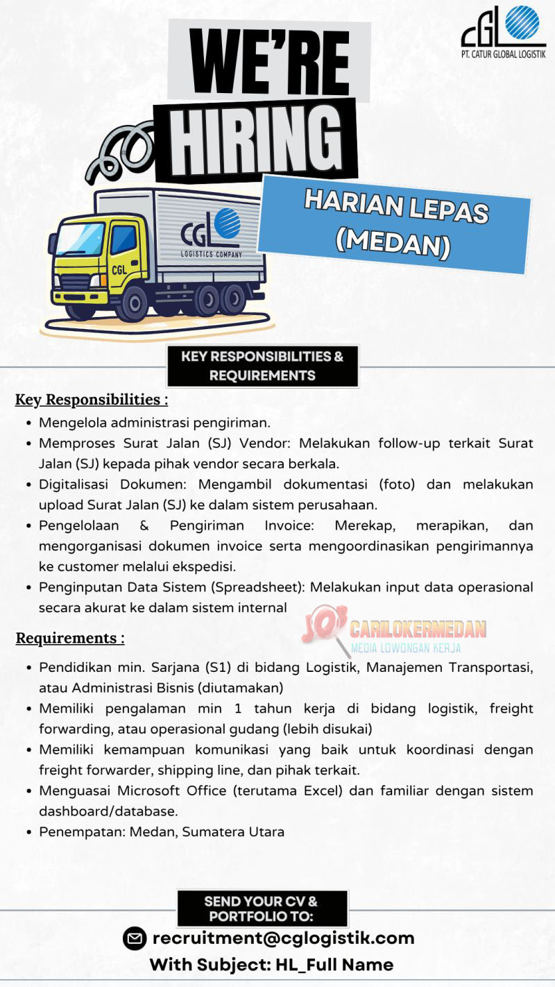 Loker D3 S1 Di PT Catur Global Logistik Medan Juni 2026