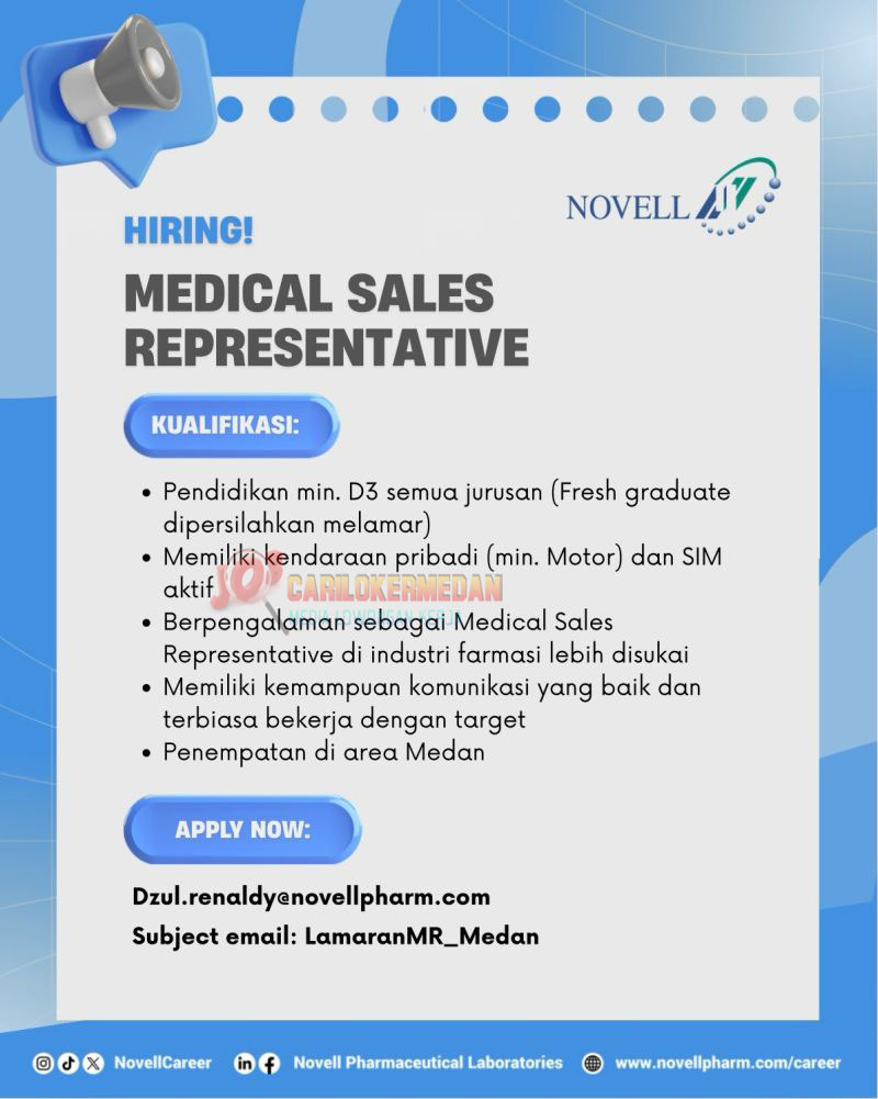 Loker D3 S1 Di PT Novell Pharmaceutical Laboratories Medan Juli 2026