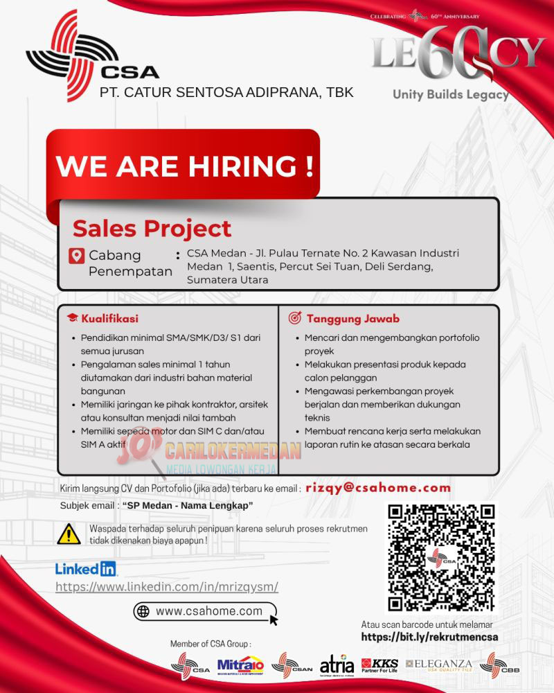 Loker SMA SMK D3 S1 Di PT Catur Sentosa Adiprana Medan Juli 2026